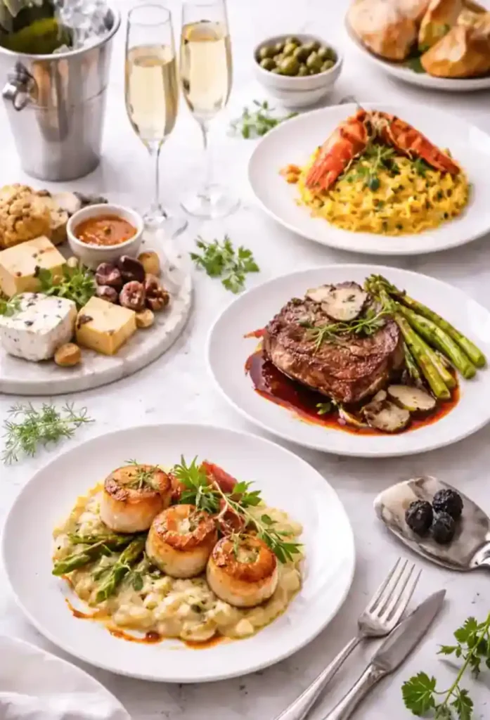 Table gastronomique élégante avec assiettes raffinées, produits nobles et dressage soigné, illustrant la gastronomie contemporaine