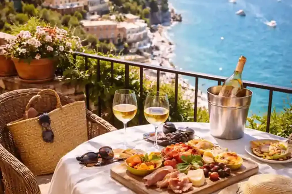 Terrasse avec table dressée face à la mer Méditerranée sur la côte italienne, illustrant le voyage et l’art de vivre hors de France