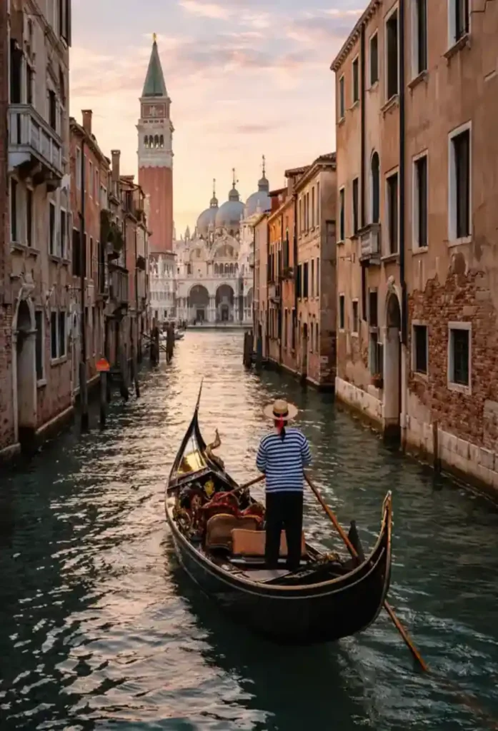 Gondole naviguant sur un canal de Venise avec vue sur la basilique Saint-Marc, illustrant le voyage culturel hors de France